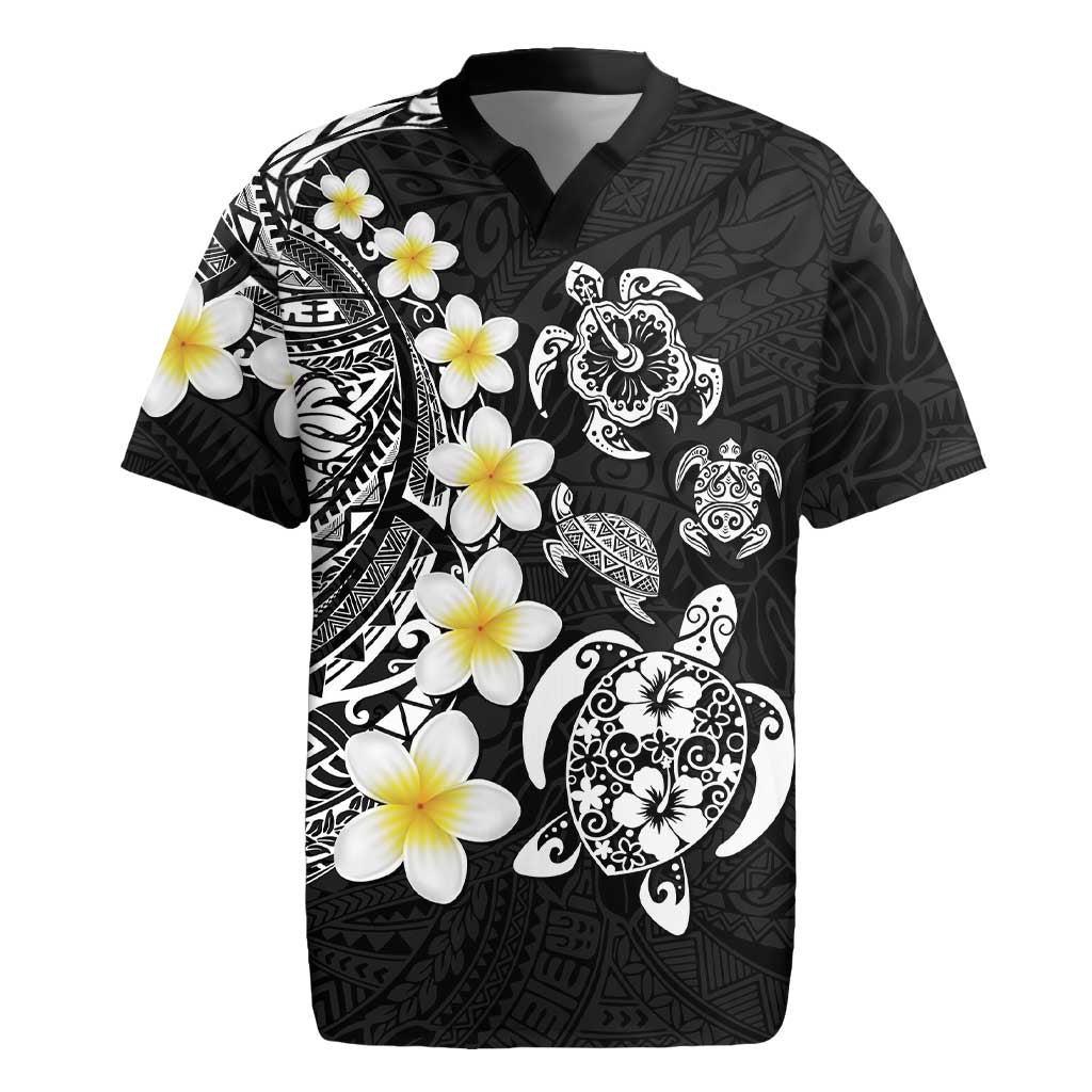 Hawaiian Plumeria Turtles Rugby Jersey Polynesian Art Tattoo LT03 Black - Polynesian Pride