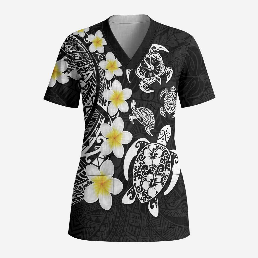 Hawaiian Plumeria Turtles Scrub Top Polynesian Art Tattoo LT03 Adult Black - Polynesian Pride