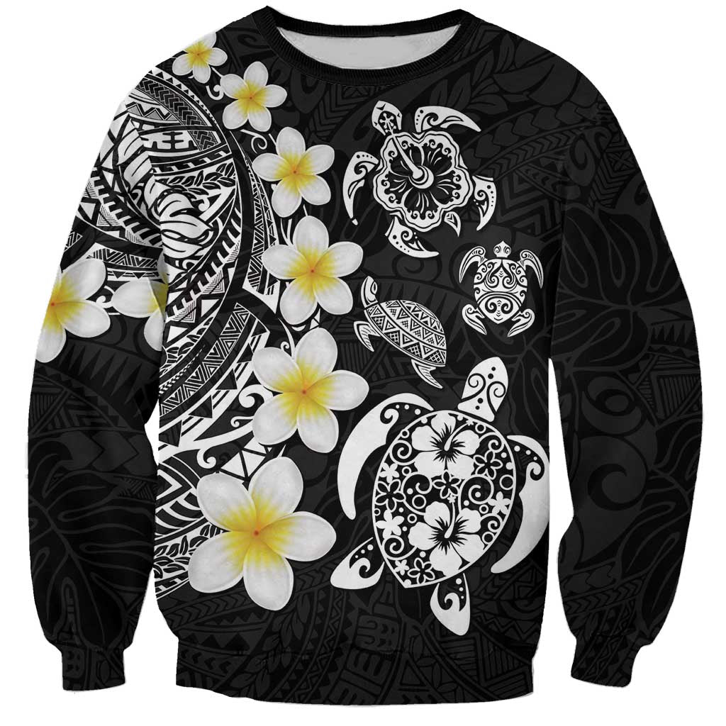 Hawaiian Plumeria Turtles Sweatshirt Polynesian Art Tattoo LT03 Unisex Black - Polynesian Pride