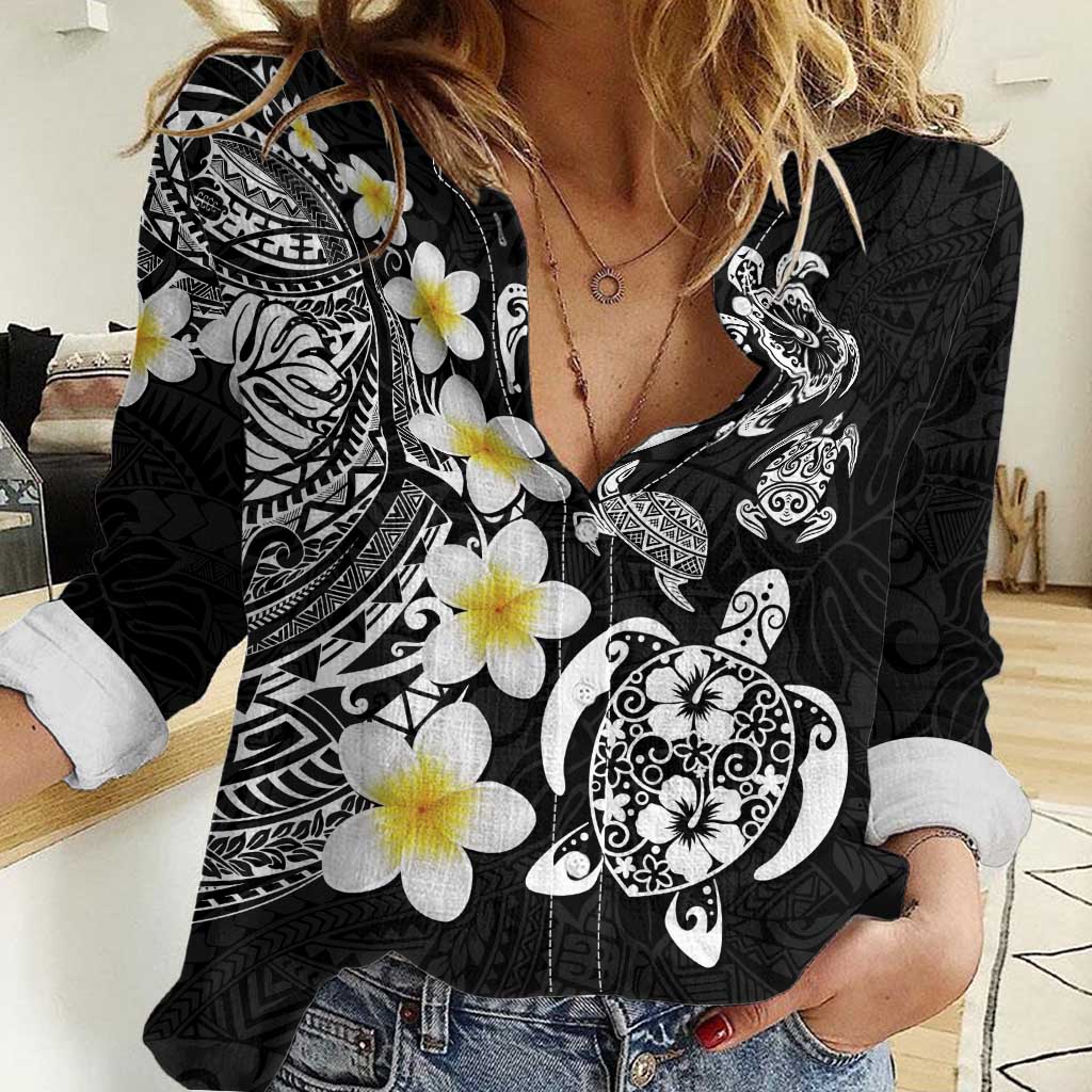 Hawaiian Plumeria Turtles Women Casual Shirt Polynesian Art Tattoo LT03 Female Black - Polynesian Pride