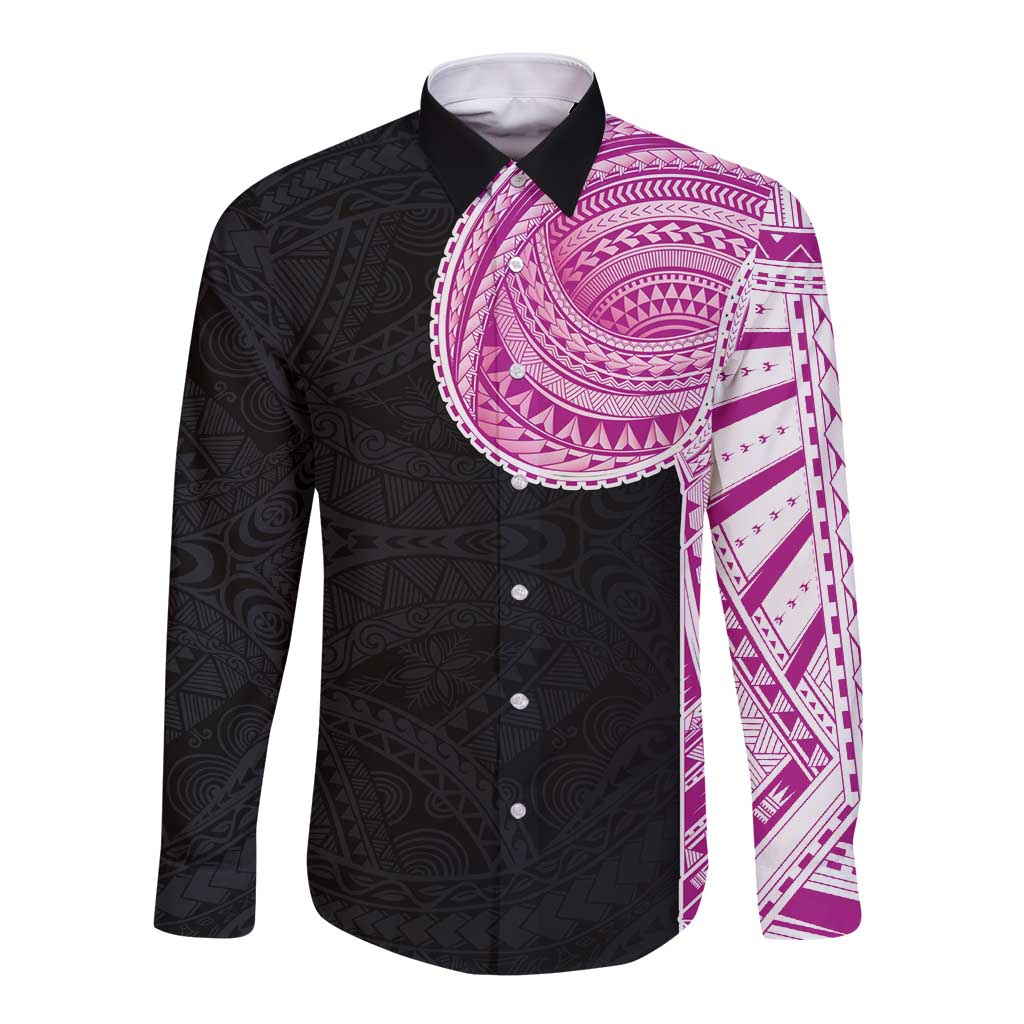 Samoan Art Tattoo Polynesian Pattern Long Sleeve Button Shirt Pink Out Color LT03 Unisex Black - Polynesian Pride