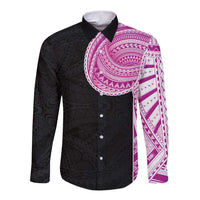 Samoan Art Tattoo Polynesian Pattern Long Sleeve Button Shirt Pink Out Color LT03 Unisex Black - Polynesian Pride
