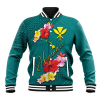 Aloha Kanaka Maoli Hawaii Flowers Baseball Jacket With Polynesian Pattern Teal Color LT03 Unisex Teal - Polynesian Pride