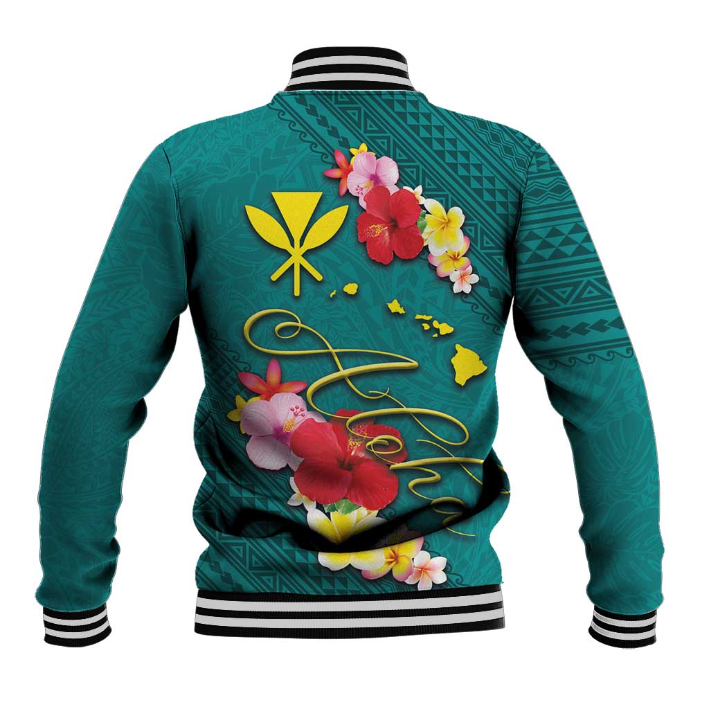 Aloha Kanaka Maoli Hawaii Flowers Baseball Jacket With Polynesian Pattern Teal Color LT03 - Polynesian Pride