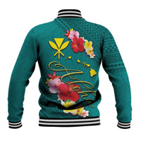 Aloha Kanaka Maoli Hawaii Flowers Baseball Jacket With Polynesian Pattern Teal Color LT03 - Polynesian Pride