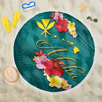 Aloha Kanaka Maoli Hawaii Flowers Beach Blanket With Polynesian Pattern Teal Color LT03 One Size 150cm Teal - Polynesian Pride