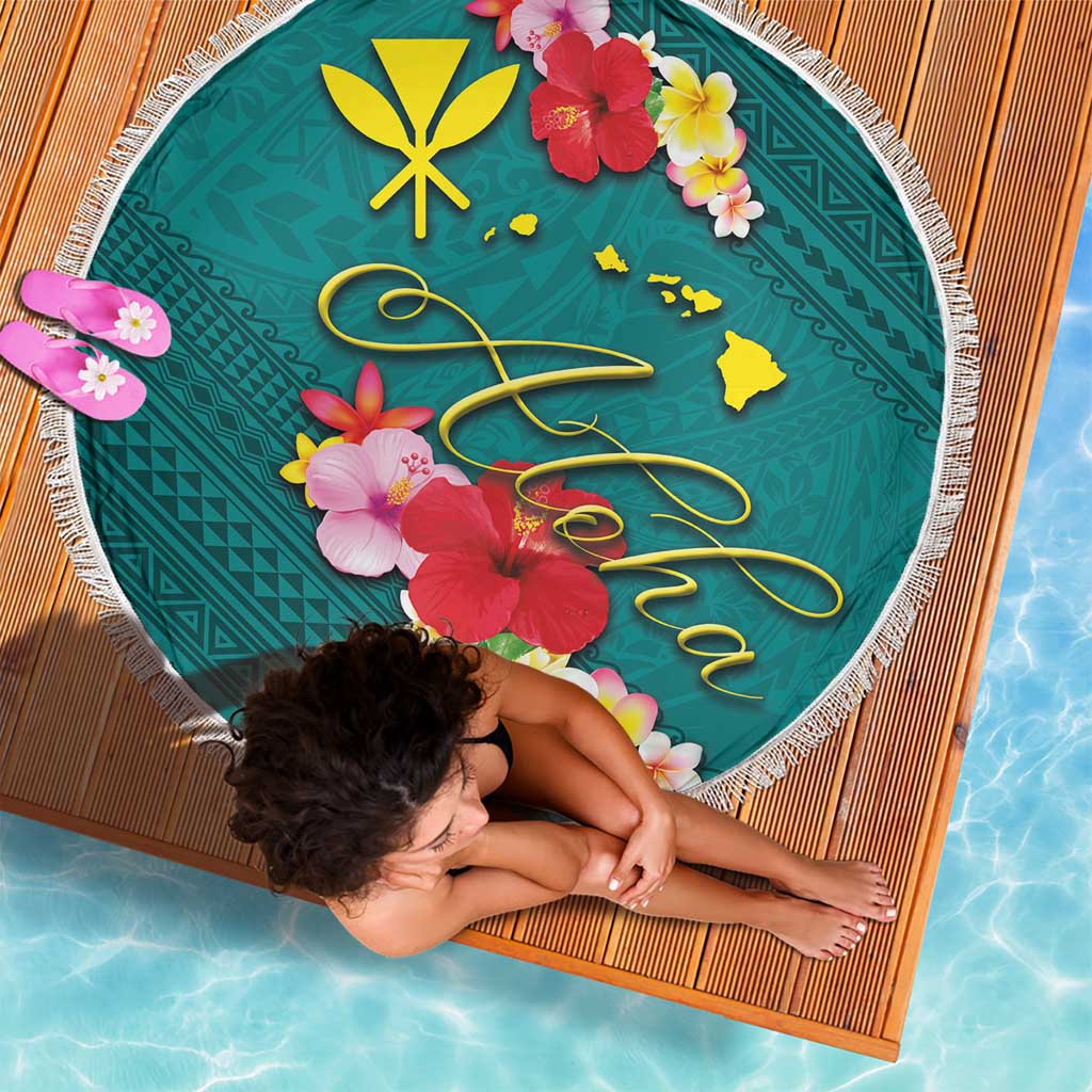 Aloha Kanaka Maoli Hawaii Flowers Beach Blanket With Polynesian Pattern Teal Color LT03 - Polynesian Pride