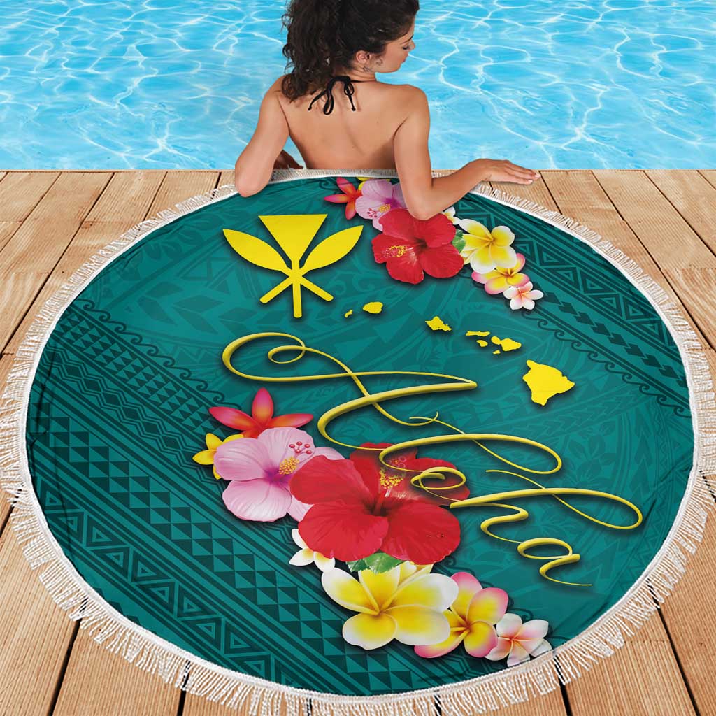 Aloha Kanaka Maoli Hawaii Flowers Beach Blanket With Polynesian Pattern Teal Color LT03 - Polynesian Pride