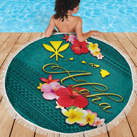Aloha Kanaka Maoli Hawaii Flowers Beach Blanket With Polynesian Pattern Teal Color LT03 - Polynesian Pride