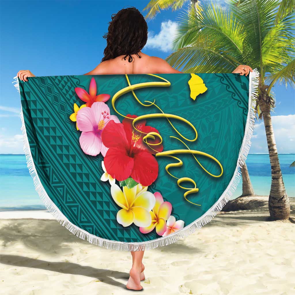 Aloha Kanaka Maoli Hawaii Flowers Beach Blanket With Polynesian Pattern Teal Color LT03 - Polynesian Pride