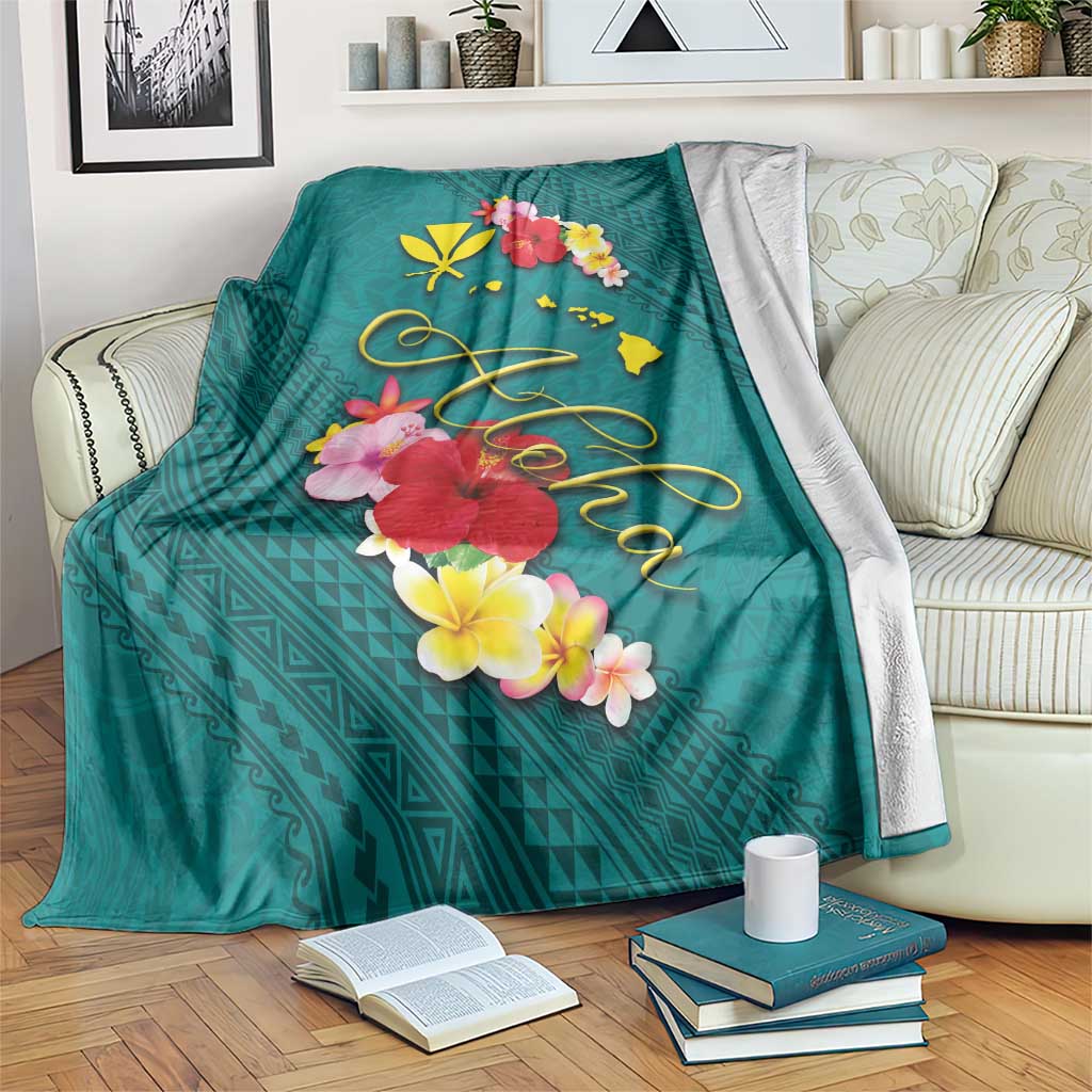 Aloha Kanaka Maoli Hawaii Flowers Blanket With Polynesian Pattern Teal Color LT03 Teal - Polynesian Pride