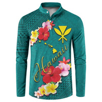 Aloha Kanaka Maoli Hawaii Flowers Button Sweatshirt With Polynesian Pattern Teal Color LT03 Teal - Polynesian Pride
