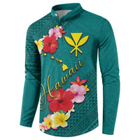 Aloha Kanaka Maoli Hawaii Flowers Button Sweatshirt With Polynesian Pattern Teal Color LT03 - Polynesian Pride