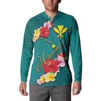 Aloha Kanaka Maoli Hawaii Flowers Button Sweatshirt With Polynesian Pattern Teal Color LT03 - Polynesian Pride