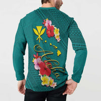 Aloha Kanaka Maoli Hawaii Flowers Button Sweatshirt With Polynesian Pattern Teal Color LT03 - Polynesian Pride