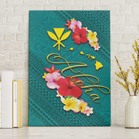 Aloha Kanaka Maoli Hawaii Flowers Canvas Wall Art With Polynesian Pattern Teal Color LT03 Without Frame Teal - Polynesian Pride