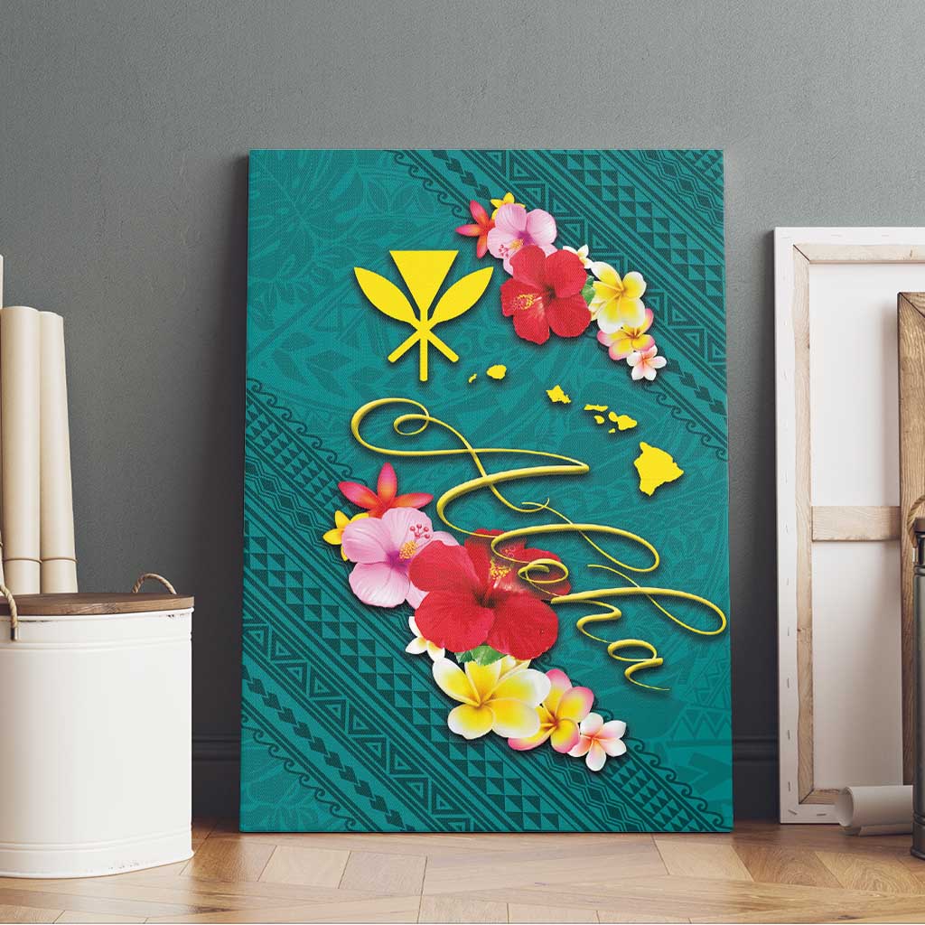 Aloha Kanaka Maoli Hawaii Flowers Canvas Wall Art With Polynesian Pattern Teal Color LT03 - Polynesian Pride