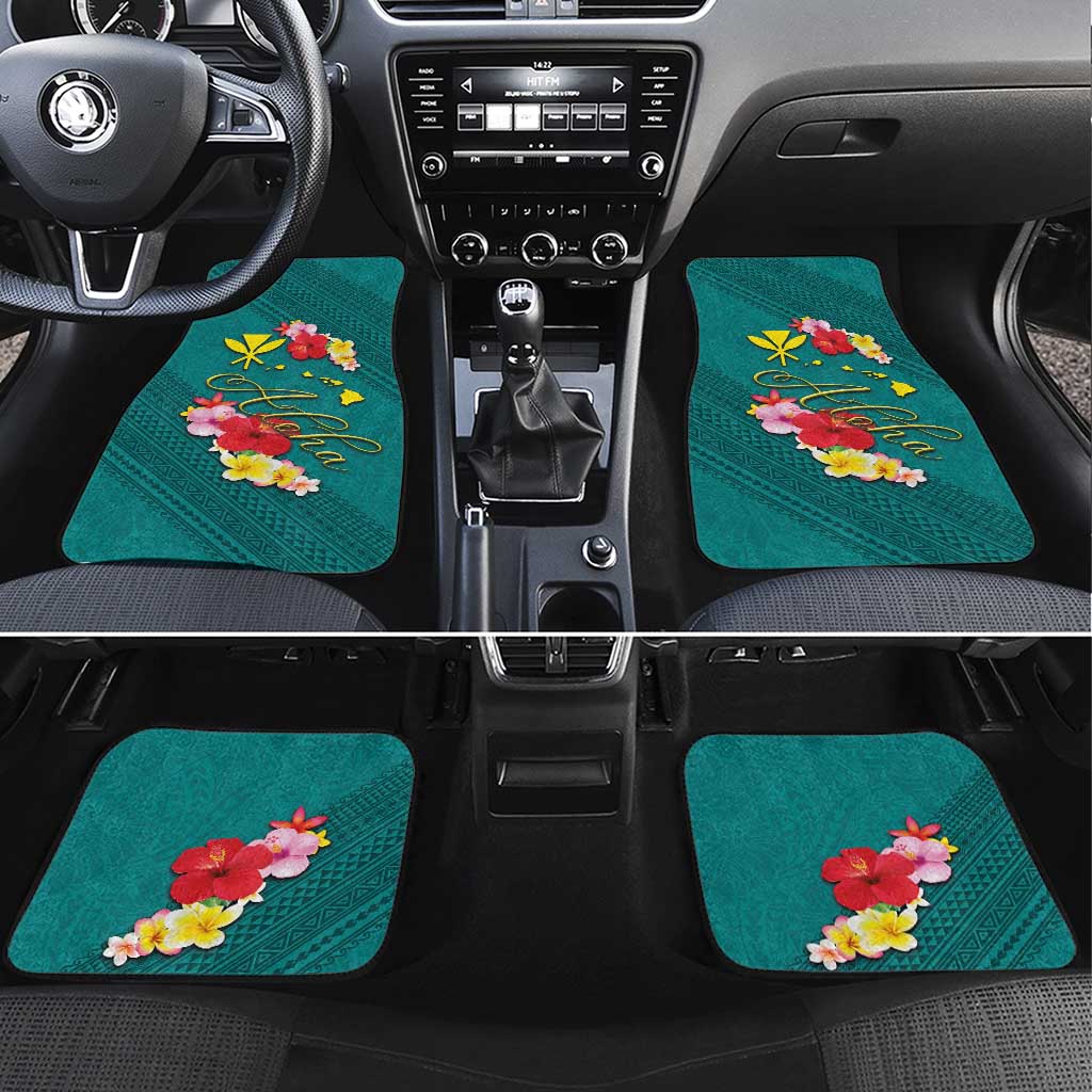 Aloha Kanaka Maoli Hawaii Flowers Car Mats With Polynesian Pattern Teal Color LT03 Set 4pcs Teal - Polynesian Pride
