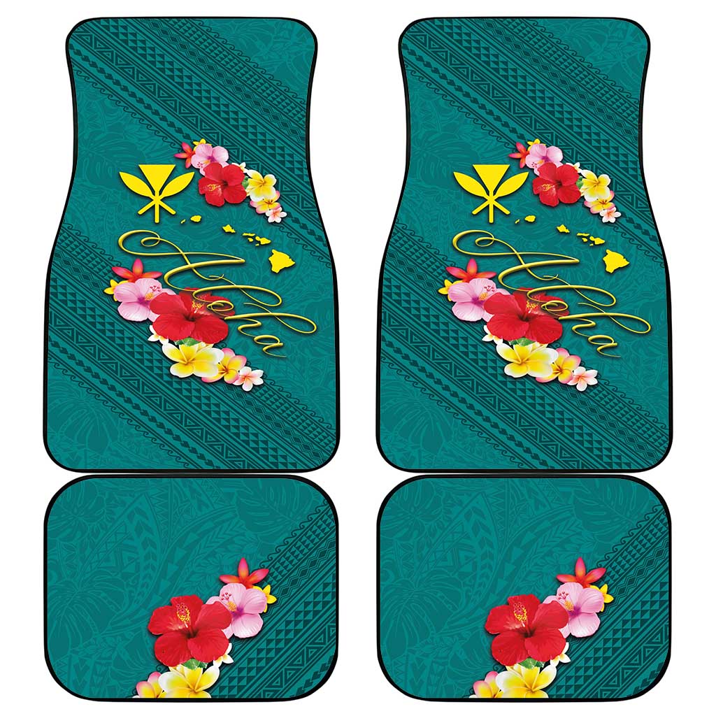 Aloha Kanaka Maoli Hawaii Flowers Car Mats With Polynesian Pattern Teal Color LT03 - Polynesian Pride