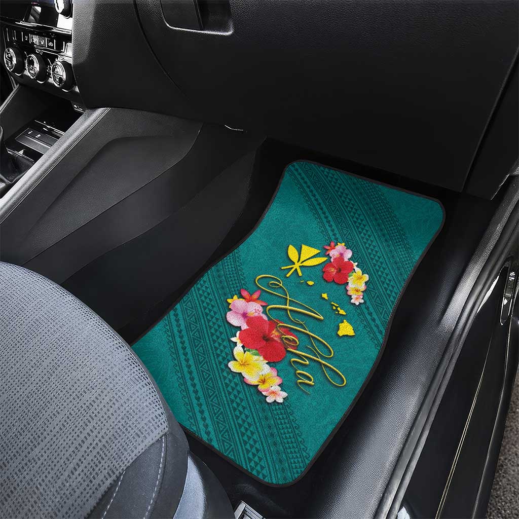Aloha Kanaka Maoli Hawaii Flowers Car Mats With Polynesian Pattern Teal Color LT03 - Polynesian Pride