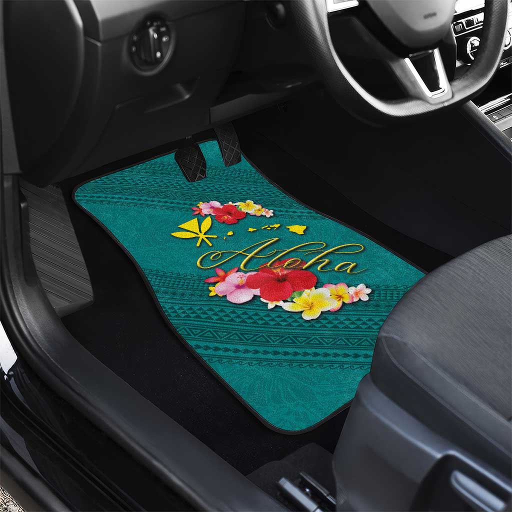 Aloha Kanaka Maoli Hawaii Flowers Car Mats With Polynesian Pattern Teal Color LT03 - Polynesian Pride