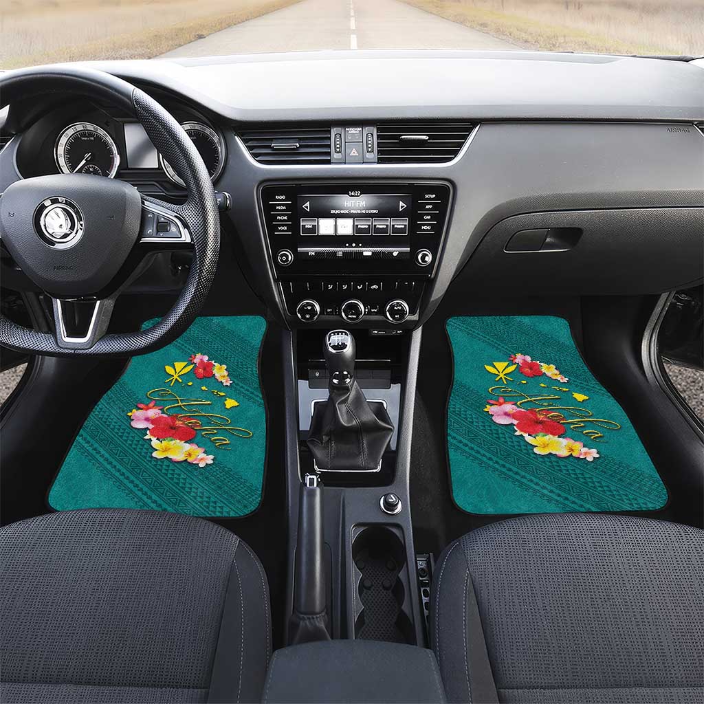 Aloha Kanaka Maoli Hawaii Flowers Car Mats With Polynesian Pattern Teal Color LT03 Set 2pcs - Front Teal - Polynesian Pride