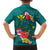 Aloha Kanaka Maoli Hawaii Flowers Family Matching Off Shoulder Short Dress and Hawaiian Shirt With Polynesian Pattern Teal Color