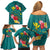 Aloha Kanaka Maoli Hawaii Flowers Family Matching Off Shoulder Short Dress and Hawaiian Shirt With Polynesian Pattern Teal Color