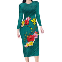 Aloha Kanaka Maoli Hawaii Flowers Long Sleeve Bodycon Dress With Polynesian Pattern Teal Color LT03 Long Dress Teal - Polynesian Pride