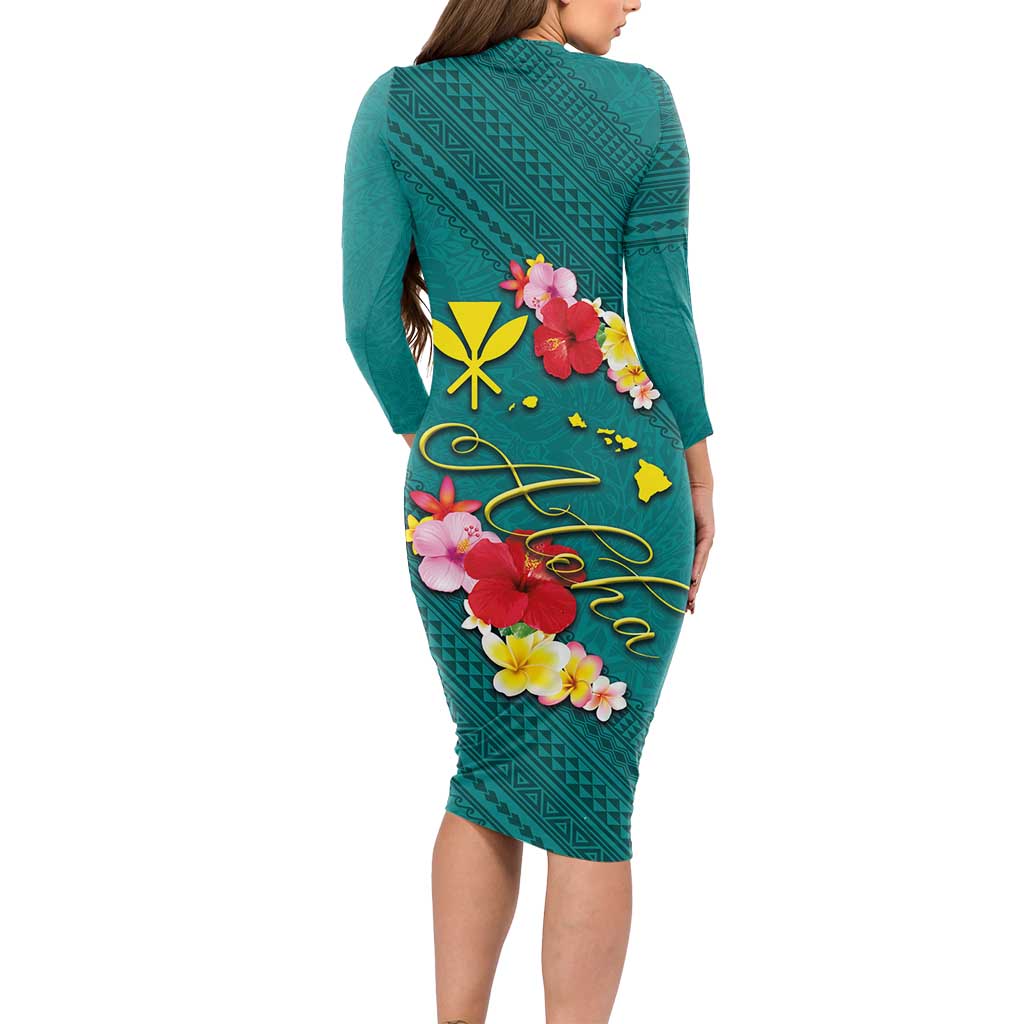 Aloha Kanaka Maoli Hawaii Flowers Long Sleeve Bodycon Dress With Polynesian Pattern Teal Color LT03 - Polynesian Pride