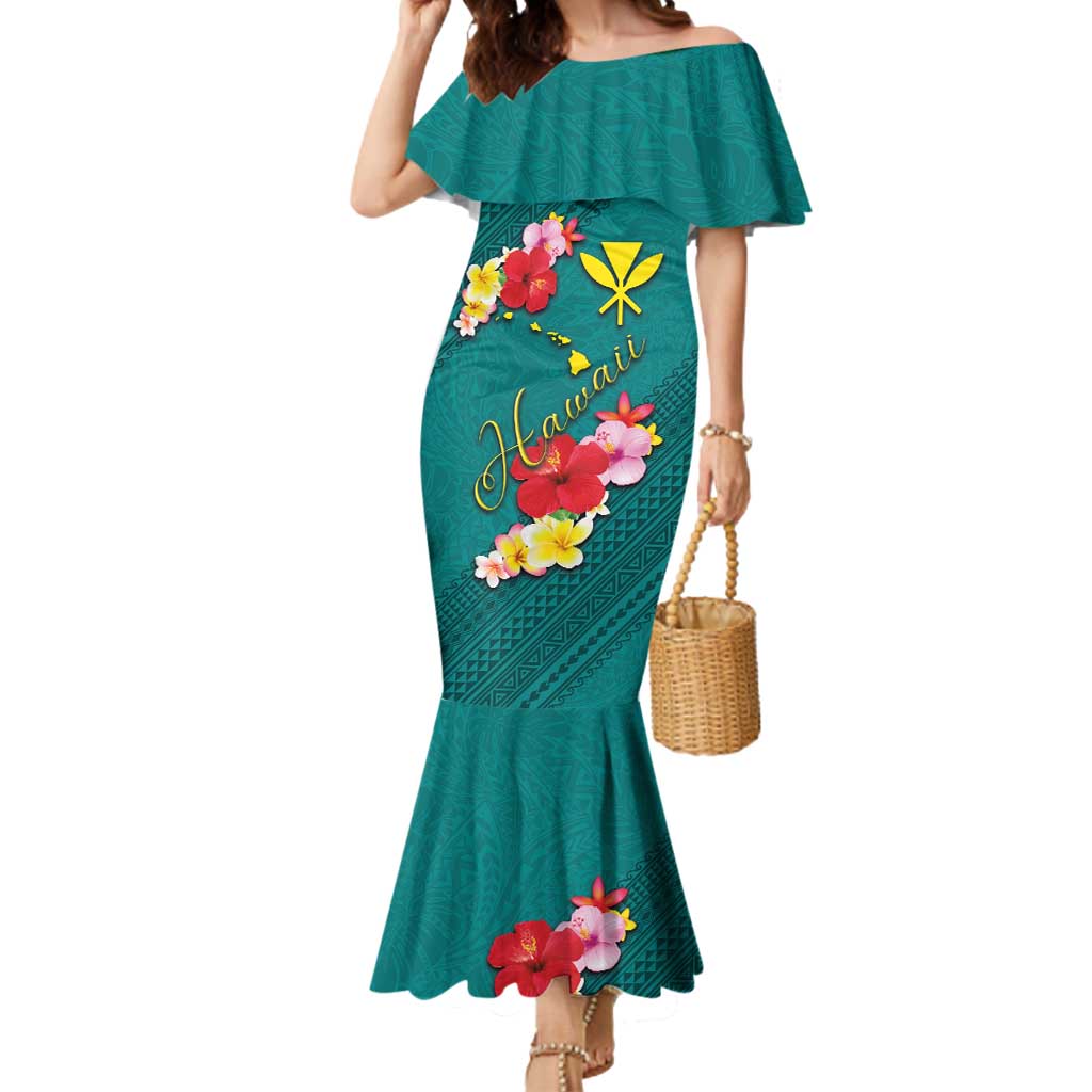 Aloha Kanaka Maoli Hawaii Flowers Mermaid Dress With Polynesian Pattern Teal Color LT03 Women Teal - Polynesian Pride