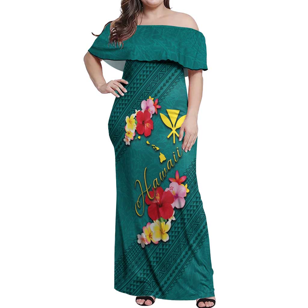 Aloha Kanaka Maoli Hawaii Flowers Off Shoulder Maxi Dress With Polynesian Pattern Teal Color LT03 Women Teal - Polynesian Pride