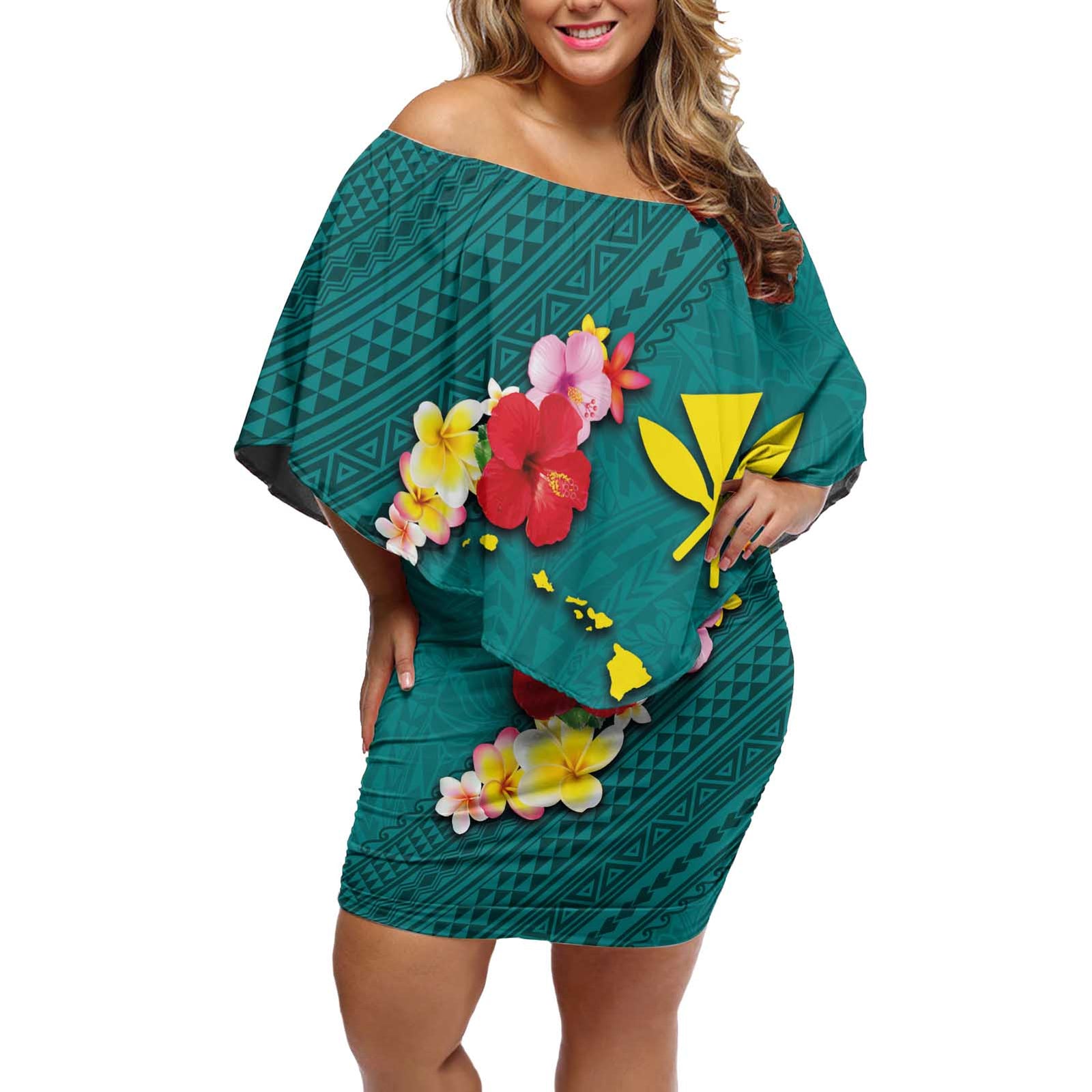 Aloha Kanaka Maoli Hawaii Flowers Off Shoulder Short Dress With Polynesian Pattern Teal Color LT03 Women Teal - Polynesian Pride