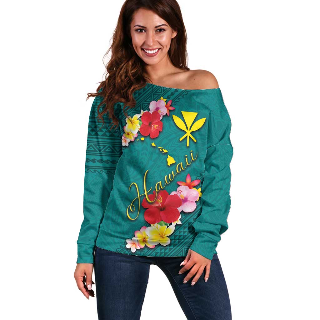 Aloha Kanaka Maoli Hawaii Flowers Off Shoulder Sweater With Polynesian Pattern Teal Color LT03 Women Teal - Polynesian Pride