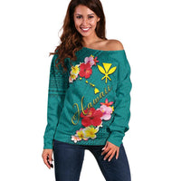 Aloha Kanaka Maoli Hawaii Flowers Off Shoulder Sweater With Polynesian Pattern Teal Color LT03 Women Teal - Polynesian Pride