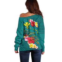 Aloha Kanaka Maoli Hawaii Flowers Off Shoulder Sweater With Polynesian Pattern Teal Color LT03 - Polynesian Pride