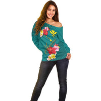Aloha Kanaka Maoli Hawaii Flowers Off Shoulder Sweater With Polynesian Pattern Teal Color LT03 - Polynesian Pride