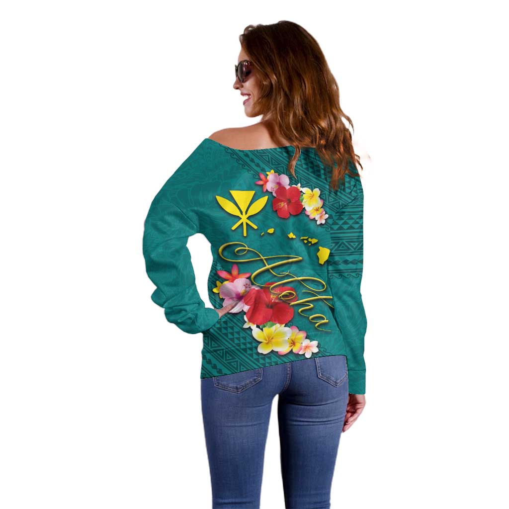 Aloha Kanaka Maoli Hawaii Flowers Off Shoulder Sweater With Polynesian Pattern Teal Color LT03 - Polynesian Pride