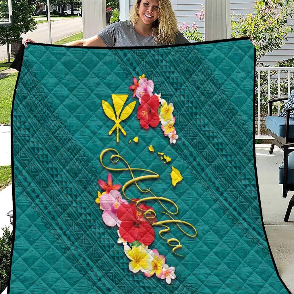 Aloha Kanaka Maoli Hawaii Flowers Quilt With Polynesian Pattern Teal Color