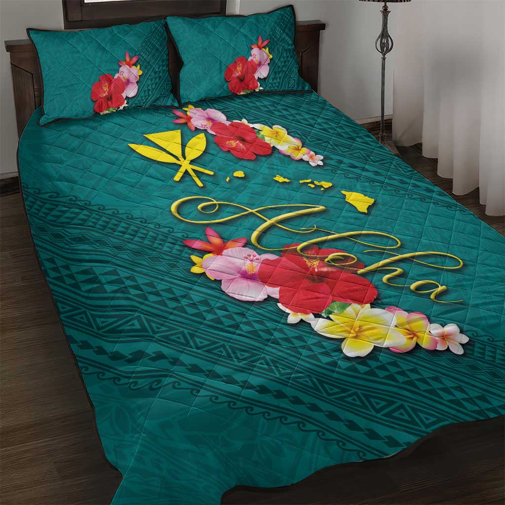 Aloha Kanaka Maoli Hawaii Flowers Quilt Bed Set With Polynesian Pattern Teal Color LT03 Teal - Polynesian Pride