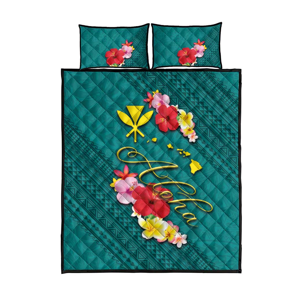 Aloha Kanaka Maoli Hawaii Flowers Quilt Bed Set With Polynesian Pattern Teal Color LT03 - Polynesian Pride