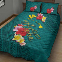 Aloha Kanaka Maoli Hawaii Flowers Quilt Bed Set With Polynesian Pattern Teal Color LT03 - Polynesian Pride
