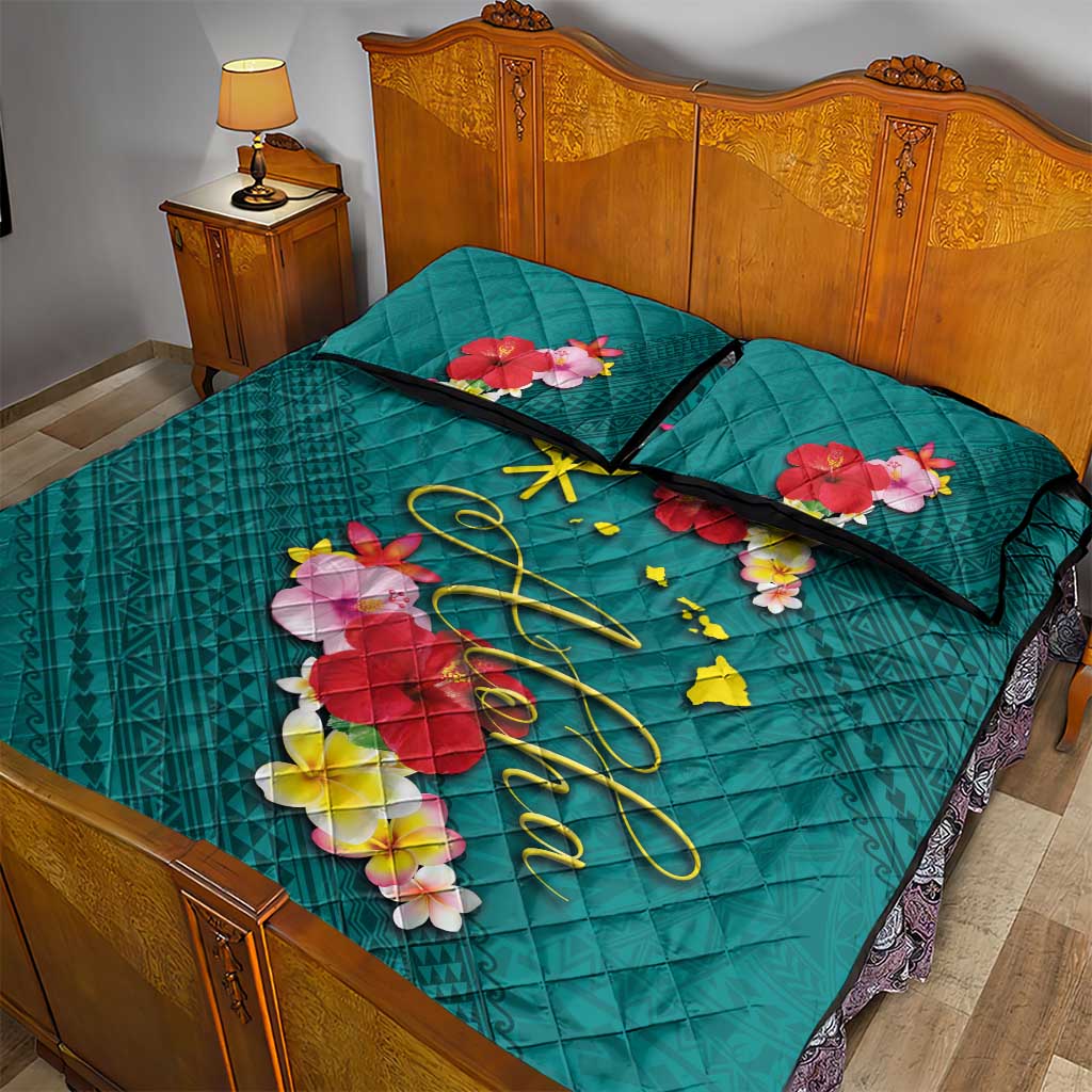 Aloha Kanaka Maoli Hawaii Flowers Quilt Bed Set With Polynesian Pattern Teal Color LT03 - Polynesian Pride