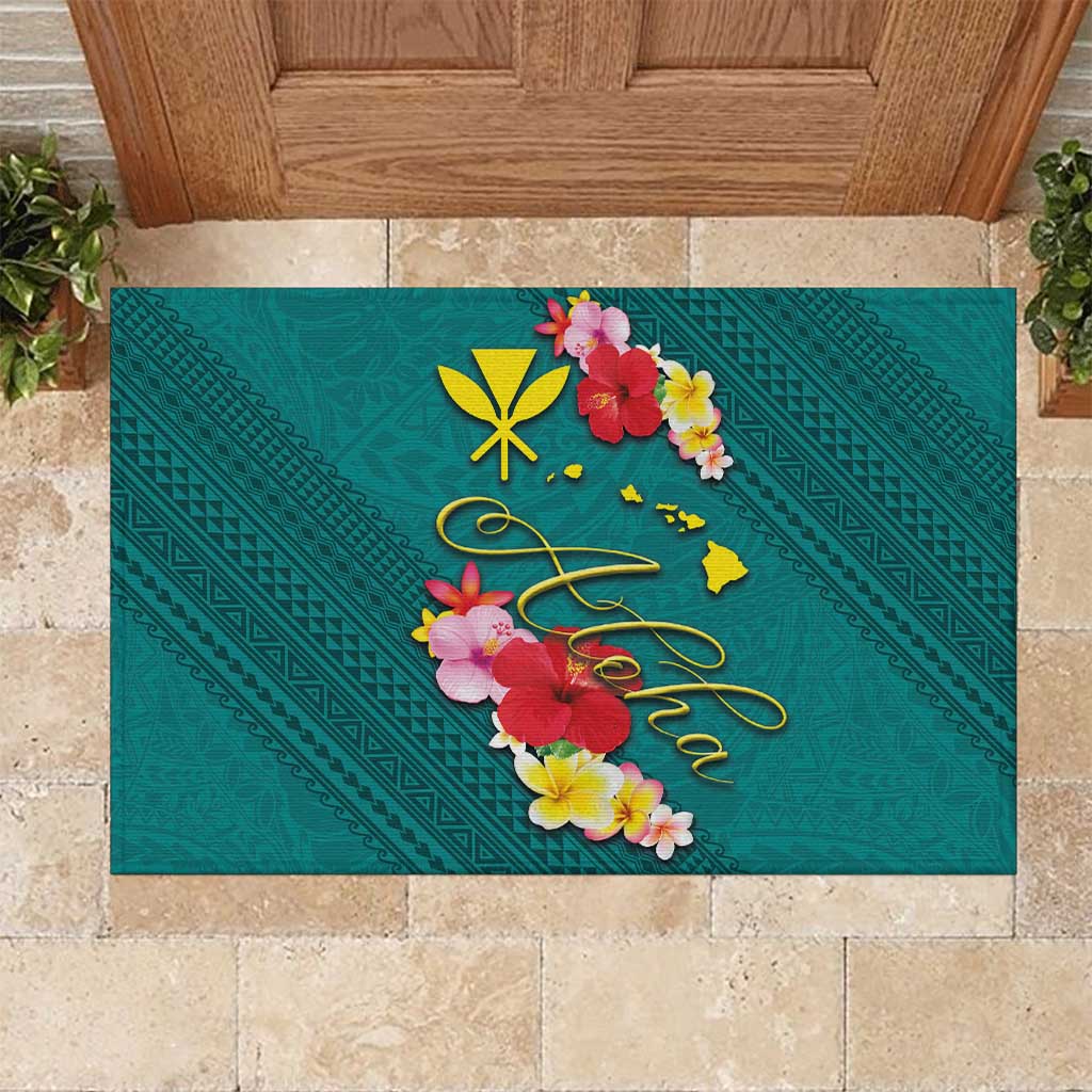 Aloha Kanaka Maoli Hawaii Flowers Rubber Doormat With Polynesian Pattern Teal Color LT03 Teal - Polynesian Pride