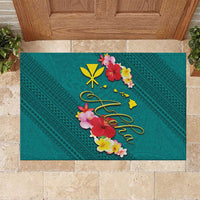 Aloha Kanaka Maoli Hawaii Flowers Rubber Doormat With Polynesian Pattern Teal Color LT03 Teal - Polynesian Pride
