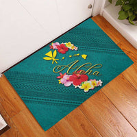 Aloha Kanaka Maoli Hawaii Flowers Rubber Doormat With Polynesian Pattern Teal Color LT03 - Polynesian Pride