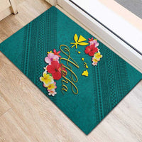 Aloha Kanaka Maoli Hawaii Flowers Rubber Doormat With Polynesian Pattern Teal Color LT03 - Polynesian Pride
