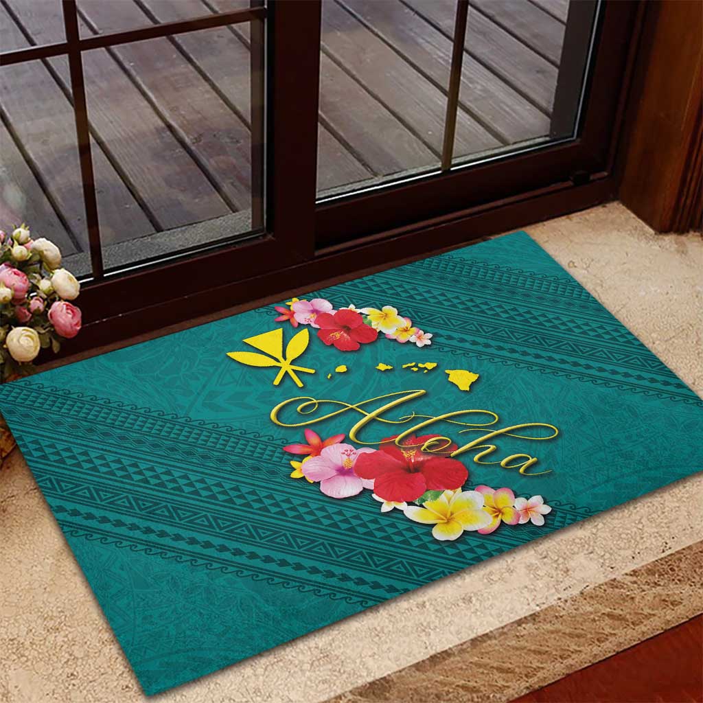 Aloha Kanaka Maoli Hawaii Flowers Rubber Doormat With Polynesian Pattern Teal Color LT03 - Polynesian Pride