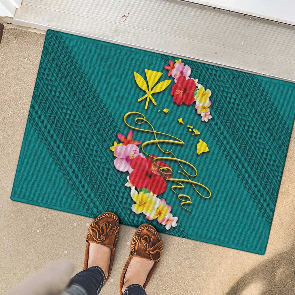 Aloha Kanaka Maoli Hawaii Flowers Rubber Doormat With Polynesian Pattern Teal Color LT03 - Polynesian Pride