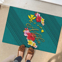 Aloha Kanaka Maoli Hawaii Flowers Rubber Doormat With Polynesian Pattern Teal Color LT03 - Polynesian Pride